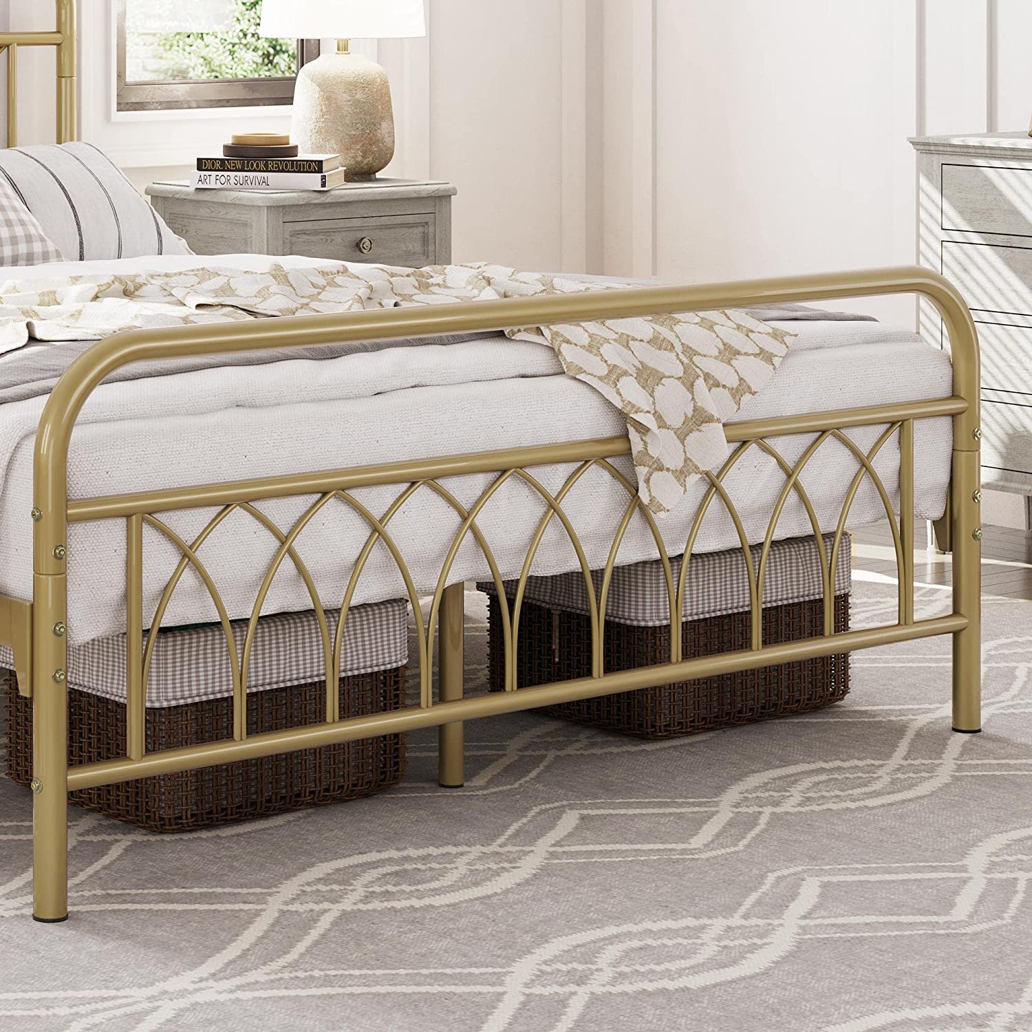 Full Bed Frame Metal Platform Bed with Petal Accented Headboard