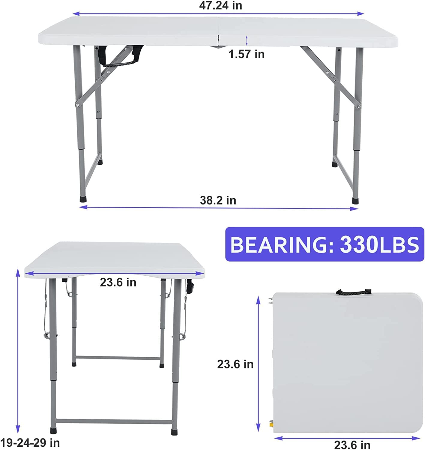 Folding Table 4Ft Height Adjustable Foldable Plastic Table with Handle Fold up Table for Indoor Outdoor Camping Party Picnic Dining