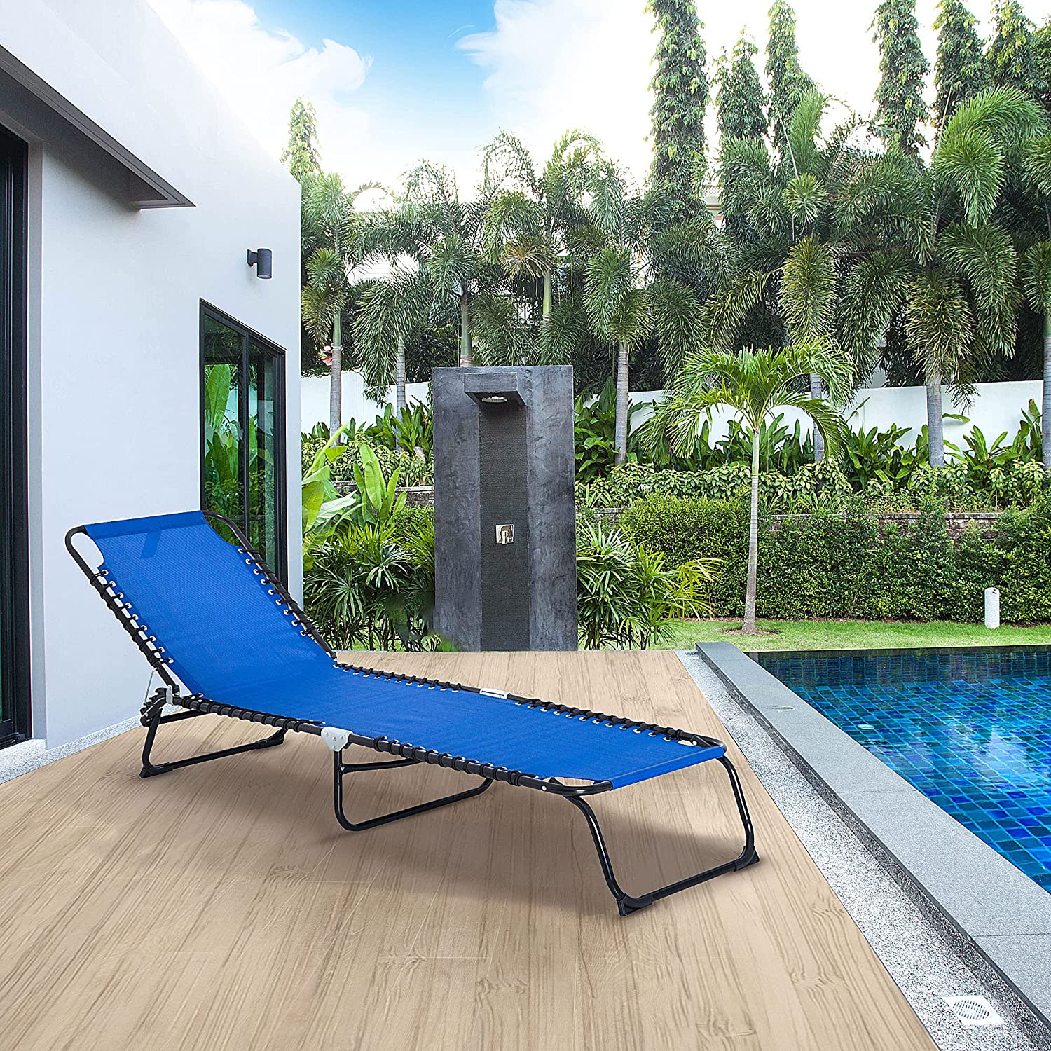Folding Chaise Lounge Pool Chairs, Outdoor Sun Tanning Chairs, Folding, Reclining Back, Steel Frame  Breathable Mesh for Beach, Yard, Patio, Dark Blue