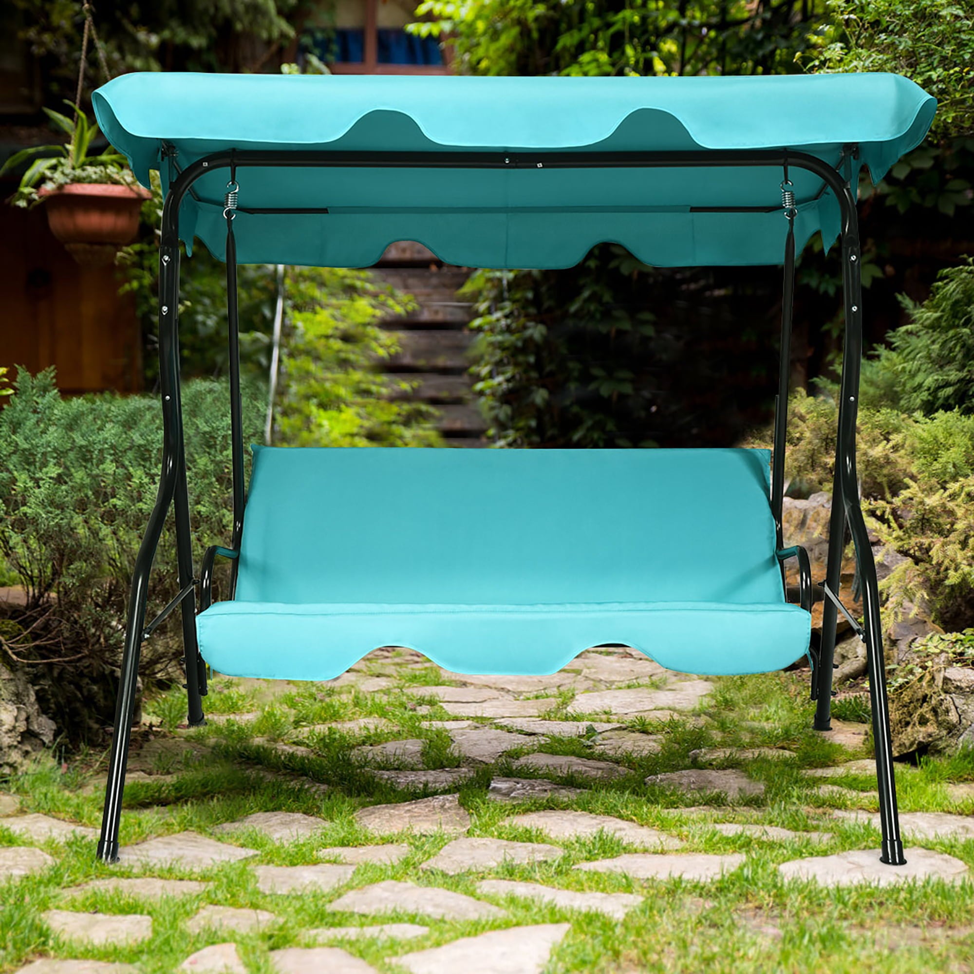 Patio 3 Seats Canopy Swing Glider Hammock Cushioned Backyard Blue