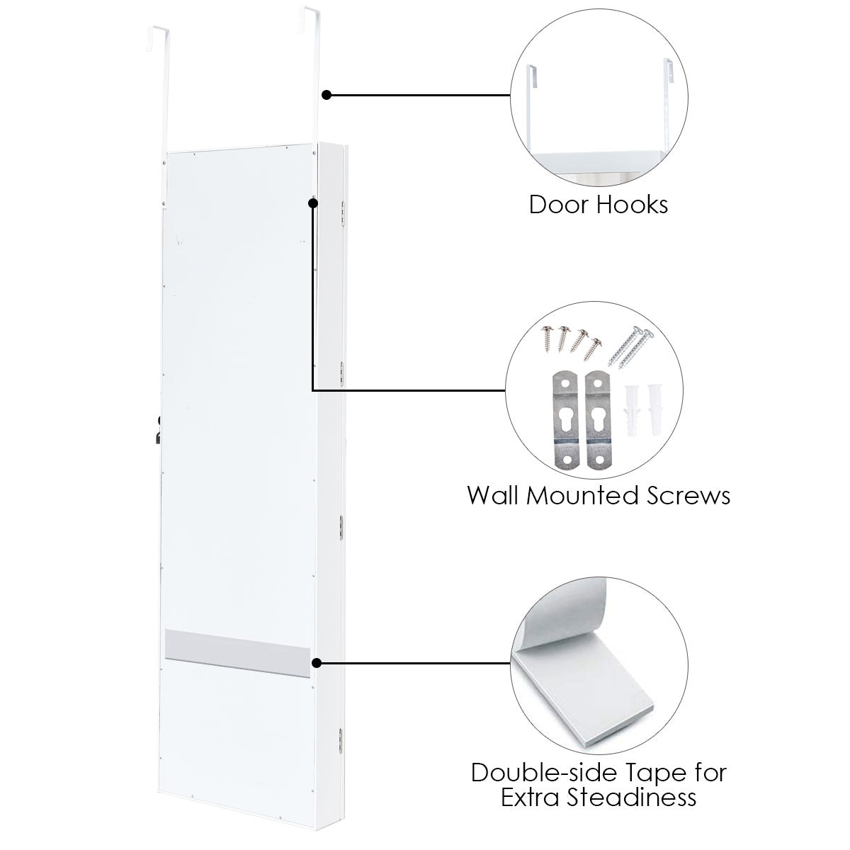 Wall Door Mounted Mirror Jewelry Cabinet Organizer w/LED Light
